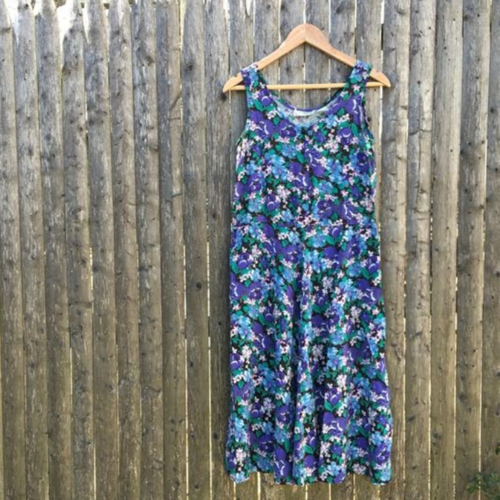 90s Vintage Floral Print Midi Dress w Pockets